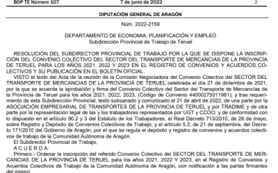 7 de junio de 2.022: Publicación del convenio del sector del transporte de mercancías de la provincia de Teruel para los años 2021, 2022 Y 2023