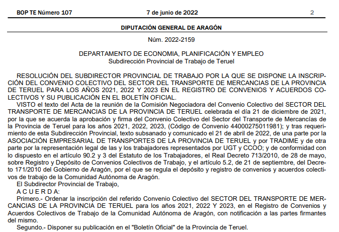 7 de junio de 2.022: Publicación del convenio del sector del transporte de mercancías de la provincia de Teruel para los años 2021, 2022 Y 2023